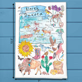 North Dakota Map Tea Towel – Buffalo, Sunflowers & Skies
