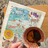 North Dakota Map Tea Towel – Buffalo, Sunflowers & Skies