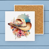 Floral Pink Watercolor Western Cowgirl Hat Stone Coaster