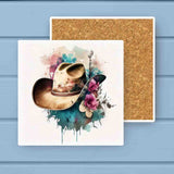 Blue Watercolor Western Cowgirl Hat Absorbant Stone Coaster