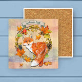 Welcome Fall Fox Wreath Absorbant Stone Coaster
