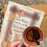 Gather Here Tea Towel – Thanksgiving Kitchen Quote – Avery's Home