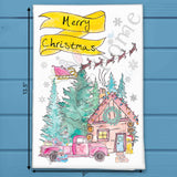 Christmas Cabin Tea Towel – Dog, Santa & Cozy Snowfall