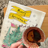 Christmas Cabin Tea Towel – Dog, Santa & Cozy Snowfall