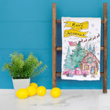 Christmas Cabin Tea Towel – Dog, Santa & Cozy Snowfall