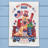 Patriotic Dog in Vintage Red Pickup Truck Kitchen Dish Towel