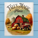 Fall's Magic Place Hay Barn Tractor Dishcloth