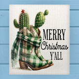 Merry Christmas Y'ALL Western Boots Cactus Dishcloth