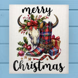 Merry Christmas Western Boots Mistletoe Dishcloth