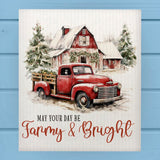 Farmy & Bright Red Pickup Barn Christmas Dishcloth