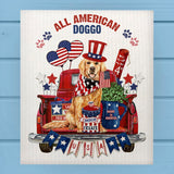 Patriotic Dog in Vintage Red Pickup Truck Dishcloth