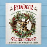 Reindeer Sleigh Rides Wreath Christmas Dishcloth