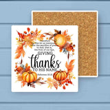 Giving Thanks to HIS Name Fall Pumpkin Wreath Stone Coaster