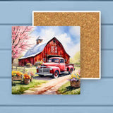 Vintage Fall Red Farm Truck Floral Absorbant Stone Coaster