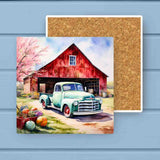 Vintage Fall Red Barn Truck Floral Absorbant Stone Coaster