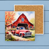 Vintage Fall Red Barn Truck Flowers Absorbant Stone Coaster