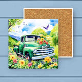 Vintage Spring Green Farm Truck Flowers Stone Coaster