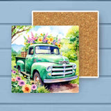 Vintage Spring Green Barn Truck Floral Stone Coaster