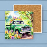 Vintage Spring Green Barn Truck Flowers Stone Coaster