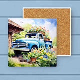 Vintage Spring Blue Barn Truck Flowers Stone Coaster