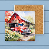 Vintage Spring Red Barn Truck Flowers Stone Coaster