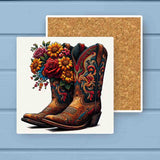 Flower Cowboy Cowgirl Boots Absorbant Stone Coaster