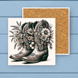 Western Sepia Floral Cowgirl Boots Absorbant Stone Coaster
