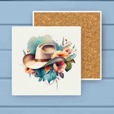 Floral Blue Watercolor Western Cowgirl Hat Stone Coaster