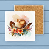 Floral Orange Watercolor Western Cowgirl Hat Stone Coaster