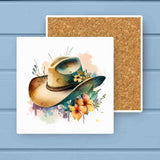 Floral Green Watercolor Western Cowgirl Hat Stone Coaster