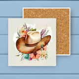 Floral Pink Watercolor Western Cowgirl Hat Stone Coaster