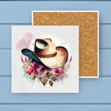 Floral Watercolor Western Cowboy Hat Absorbant Stone Coaster