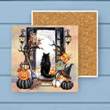 Black Cat & Broom Doorway Halloween Absorbant Stone Coaster
