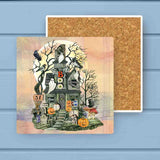Trick or Treat Mushroom Cottage Halloween Stone Coaster