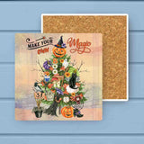 Hallownee Magic Pumpkin Crow Black Cat Stone Coaster
