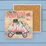 Pink Shabby Farm Fresh Floral Pumpkin Wagon Stone Coaster