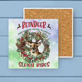 Reindeer Sleigh Rides Wreath Christmas Stone Coaster